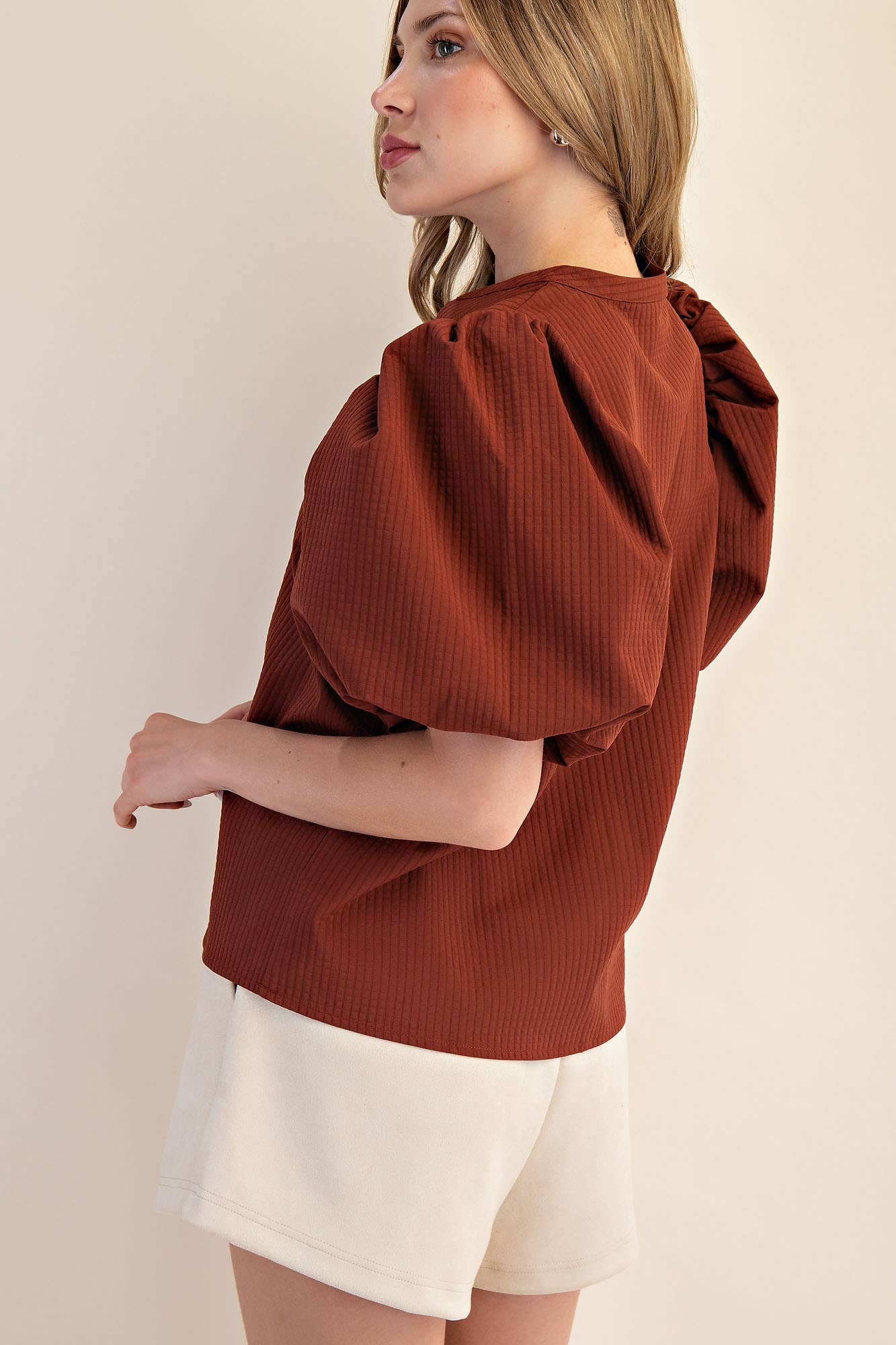 Salie V-Neck Puff-Sleeve Top
