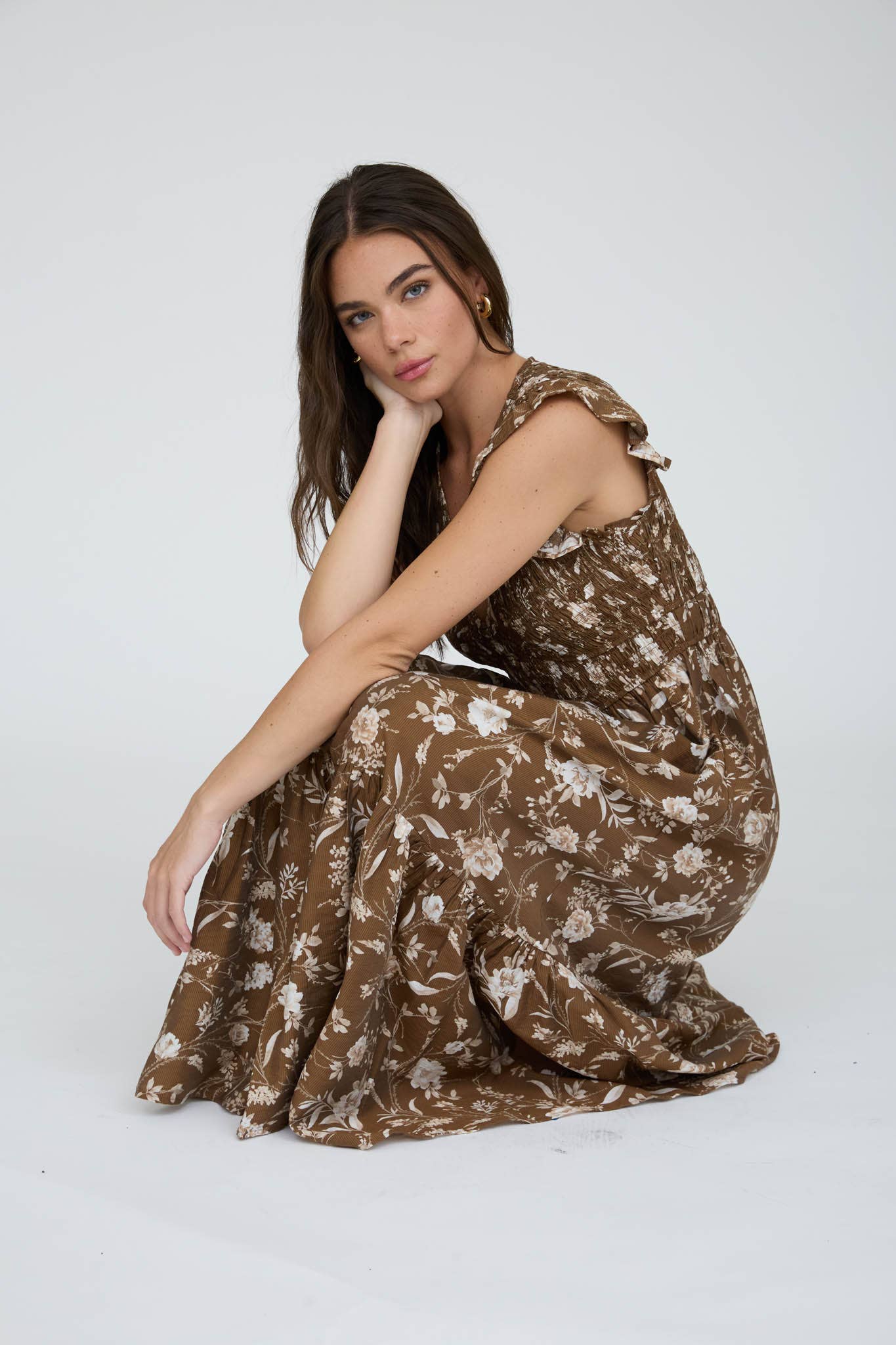 MINE - FLORAL SMOCKED V NECK BUTTON DOWN MIDI DRESS