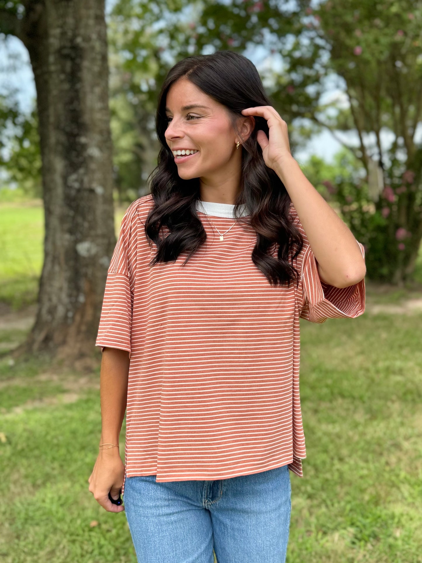 Day Trip Striped Drop Shoulder Top - Sandstone