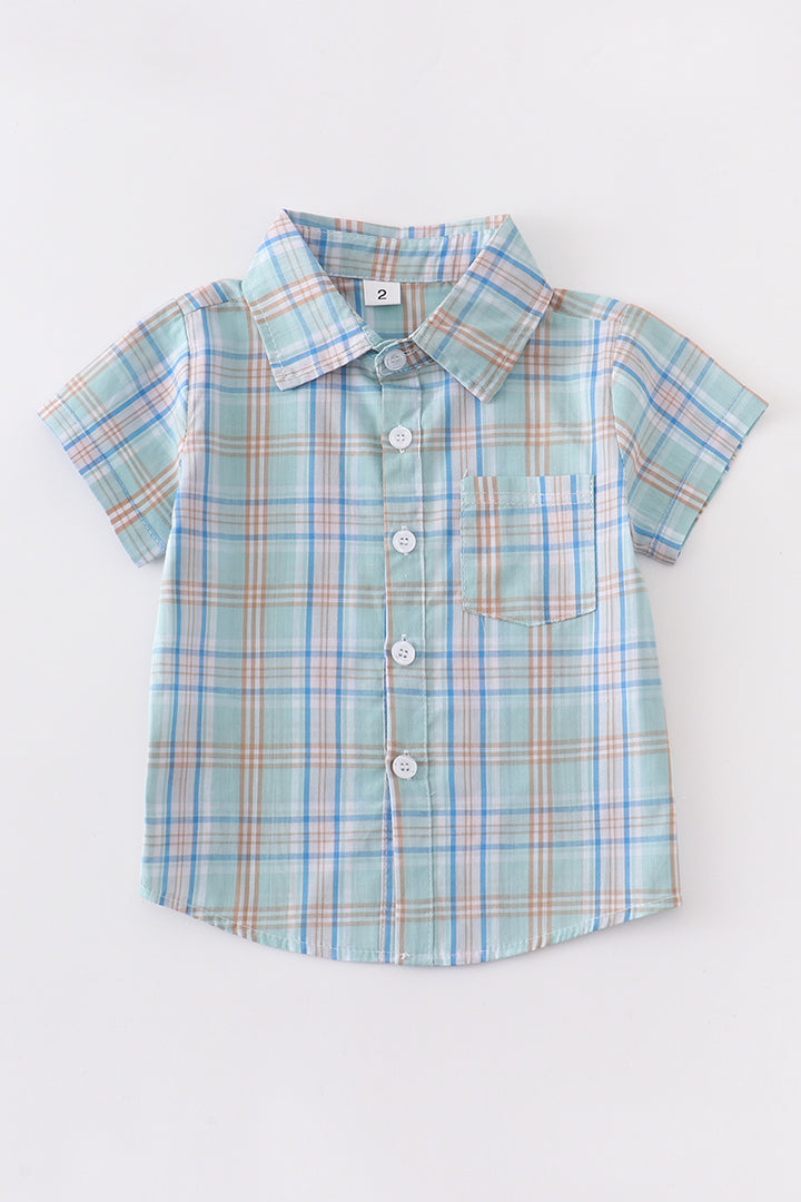 Boys Turquoise Blue Plaid Button Down Shirt
