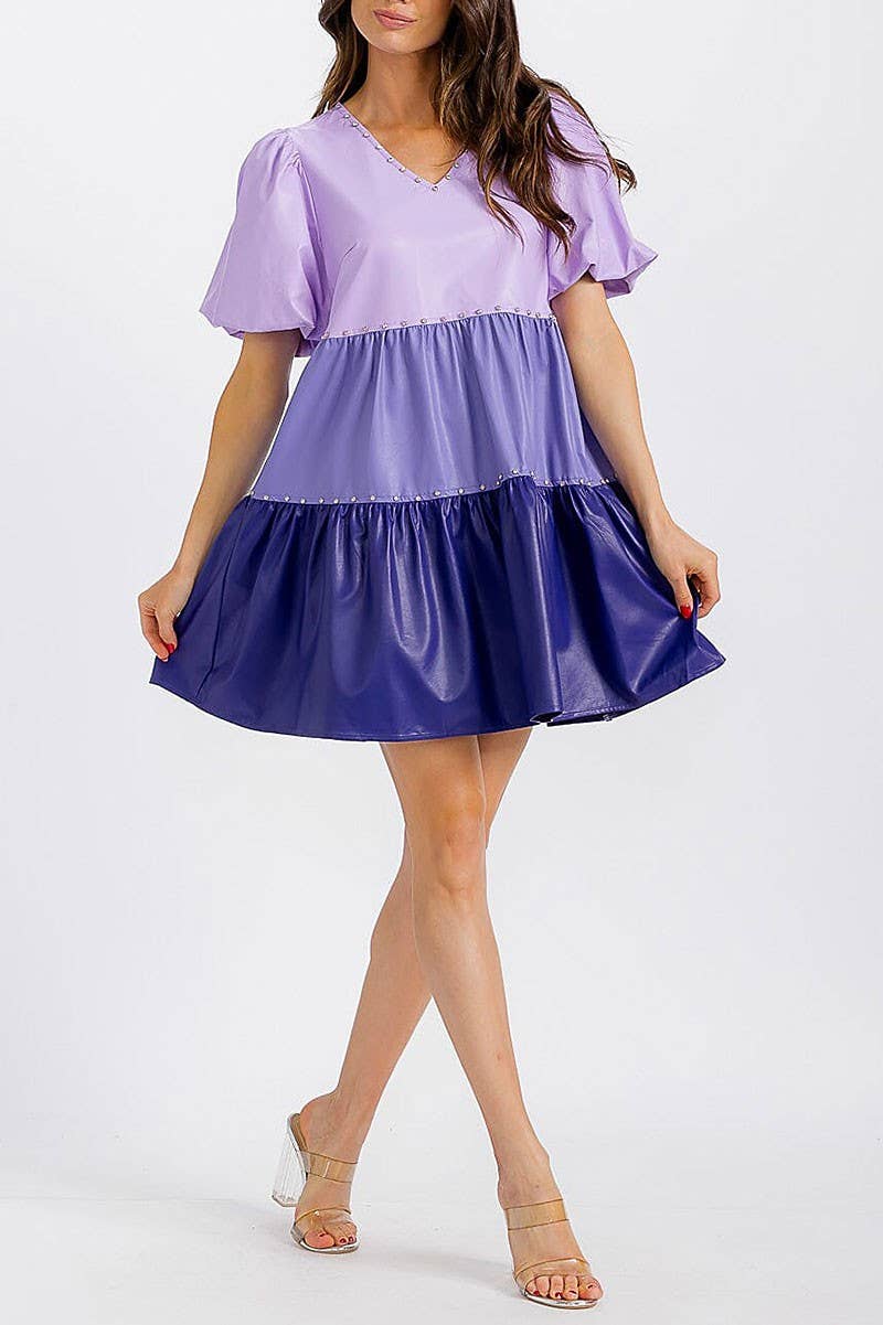 The color purple colorblock pleather dress with rhinestone detail