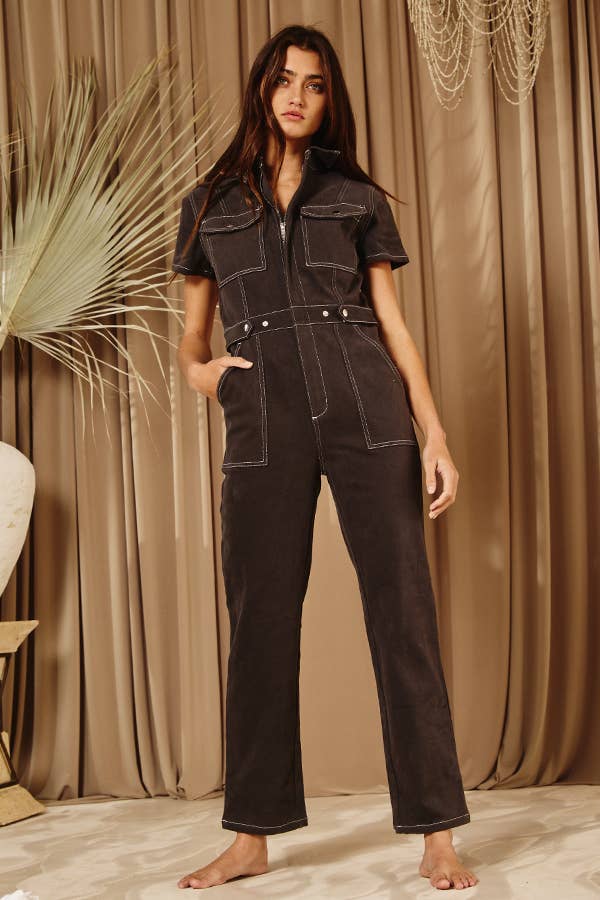 IR5229 Utility Stretched Denim Jumpsuit: S-M-L (2-2-2) / CHARCOAL
