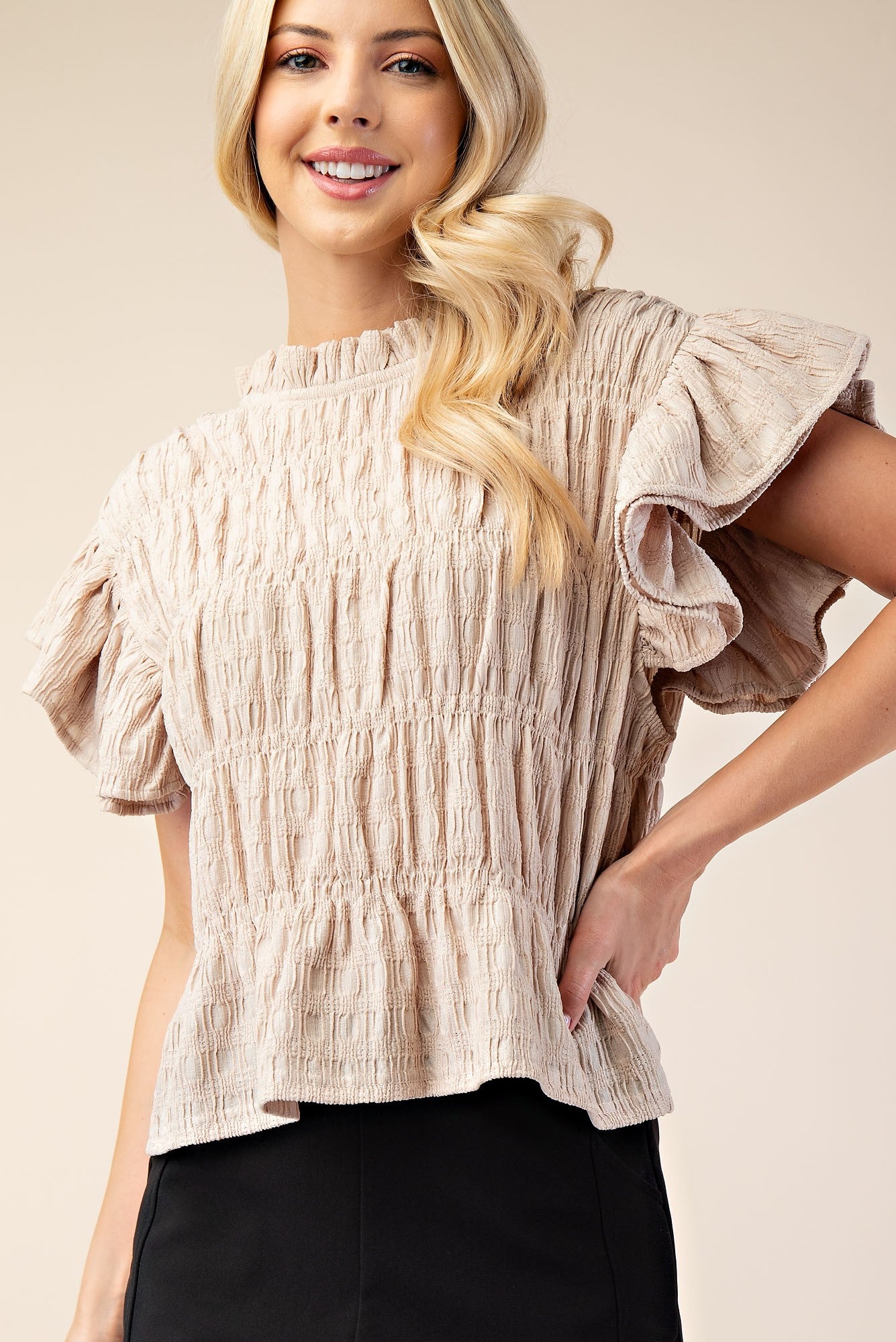 My Ruched Flutter Sleeve Top - Cream