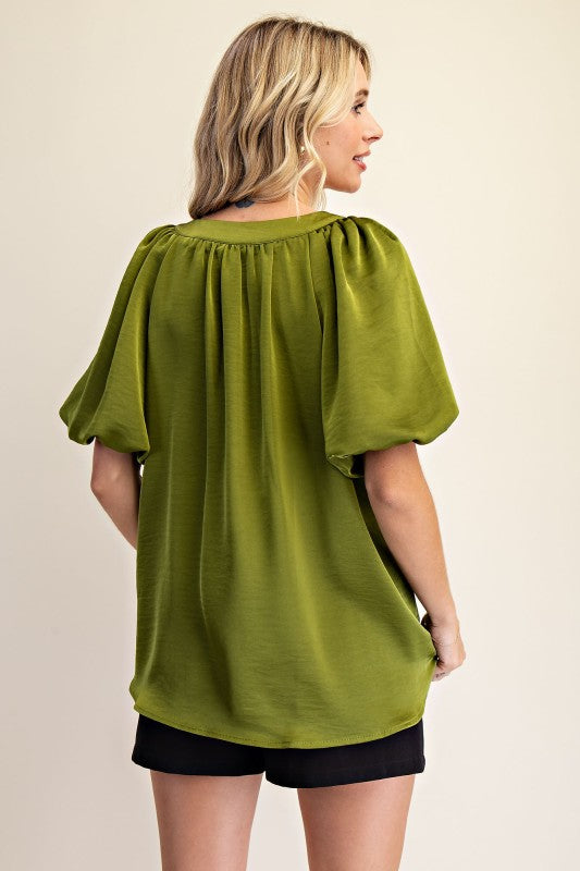 Crowd Stares V Neck Puff Sleeve Top - Olive