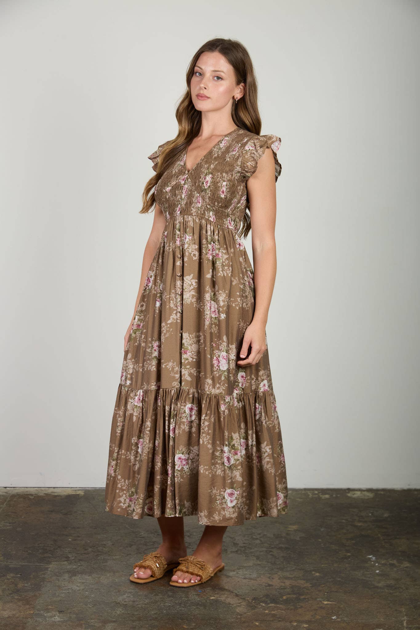 MINE - ROSE PRINT SMOCKED V NECK BUTTON DOWN MIDI DRESS