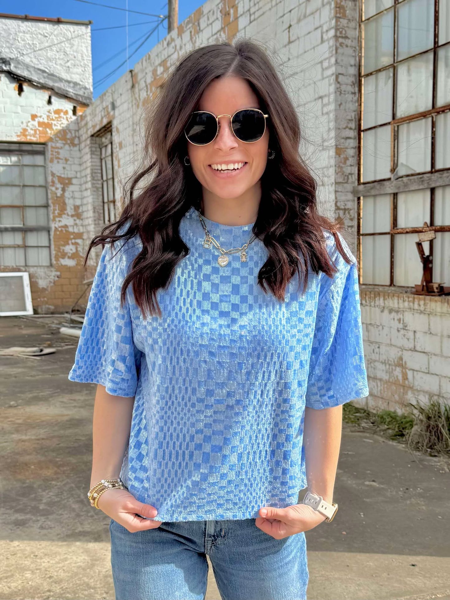 Sara Sparkle Checkered Top - Blue