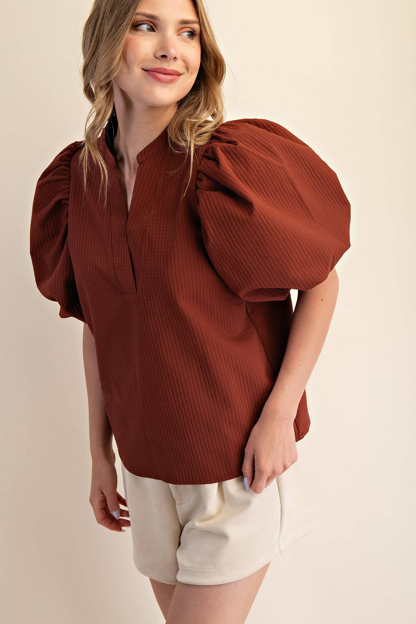 Salie V-Neck Puff-Sleeve Top