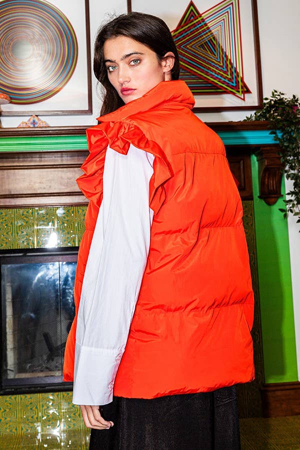 IT1813 Ruffle Sleeve Down Vest: S-M-L (2-2-2) / CAMEL