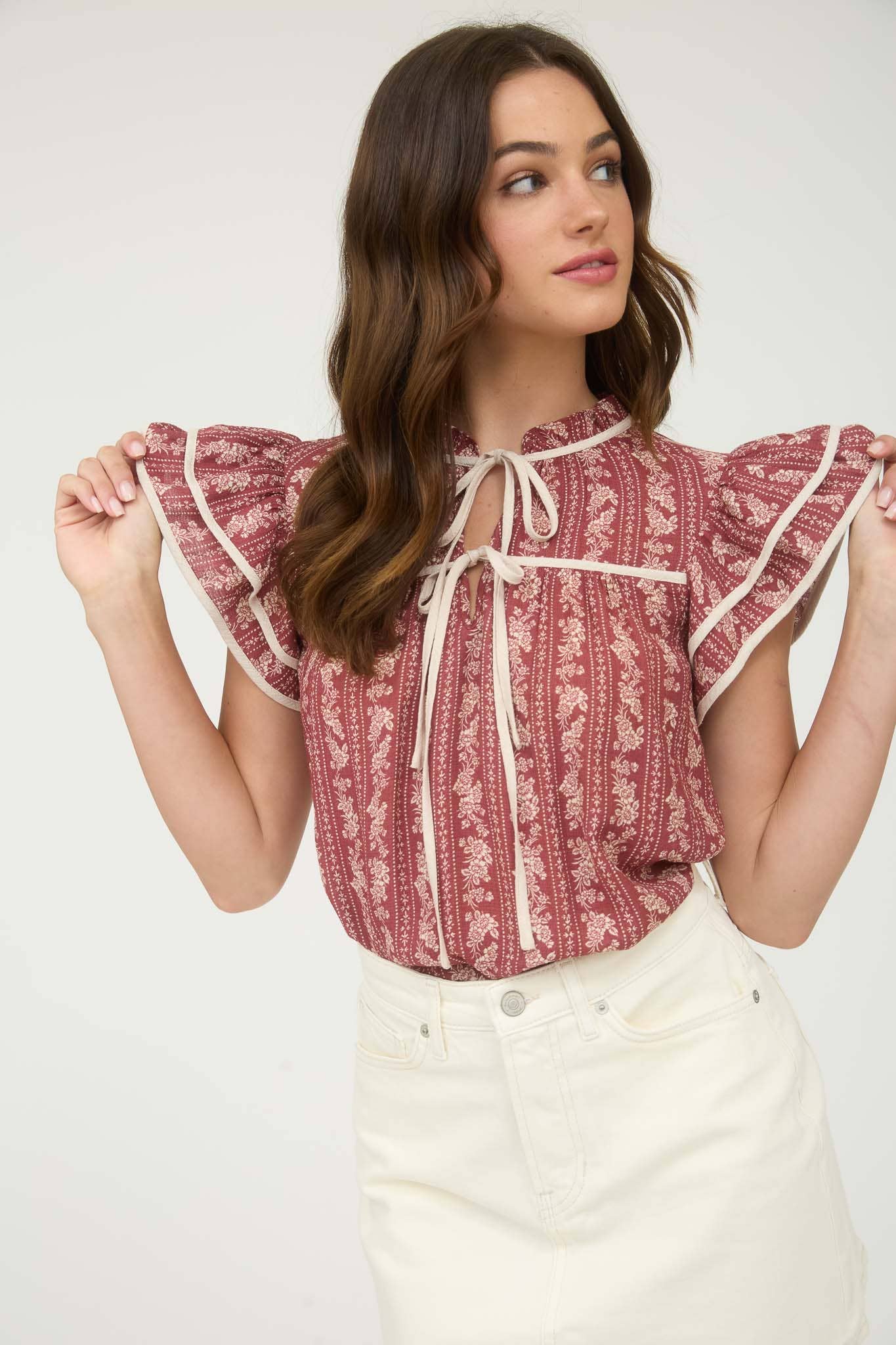 TAKE A WALK STRIPE FLORAL PATTERN TIE FRONT RUFFLE TOP - BURGUNDY