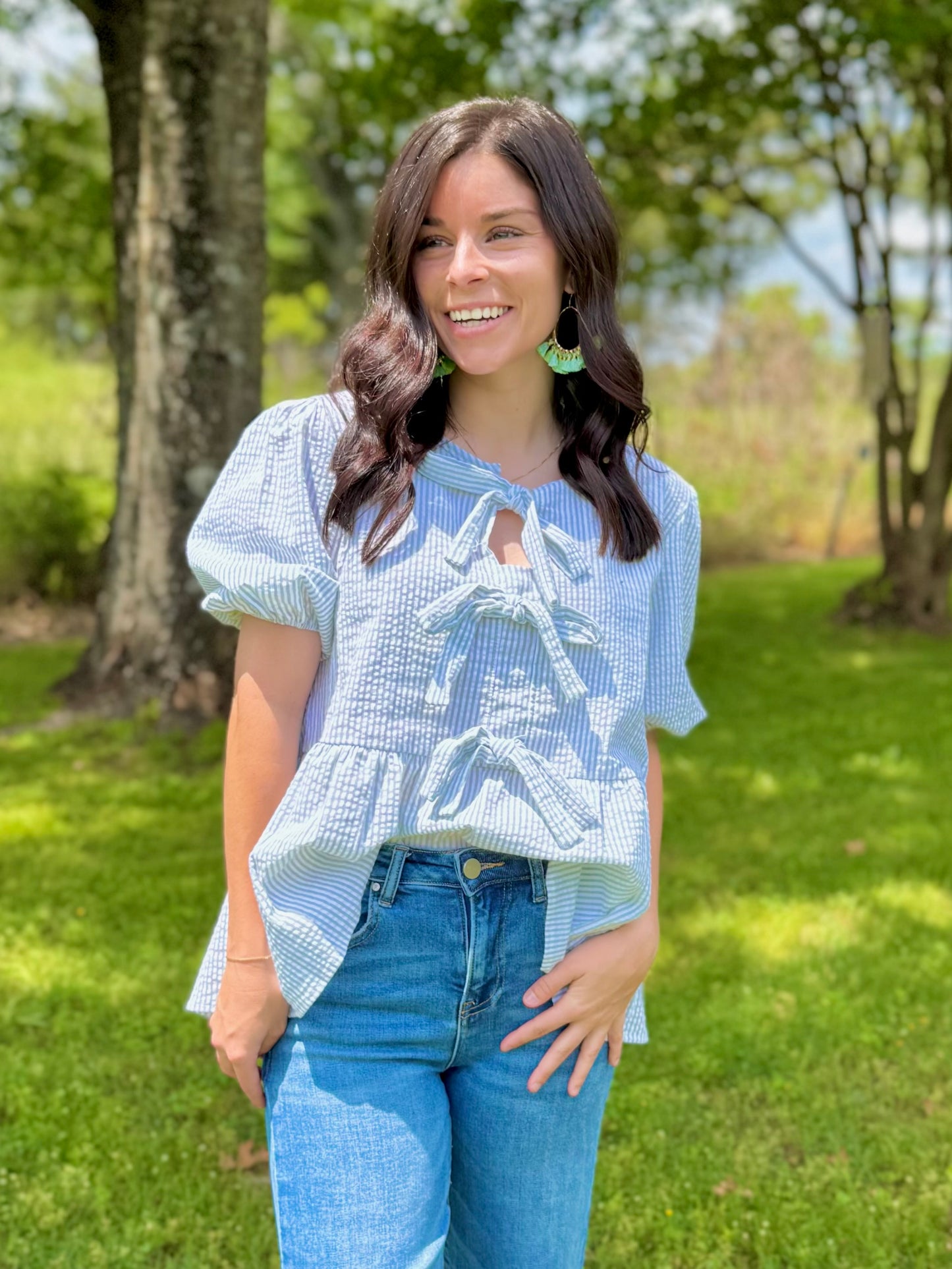 Phoebes pin stripe puff sleeves top with tie bow - Sage