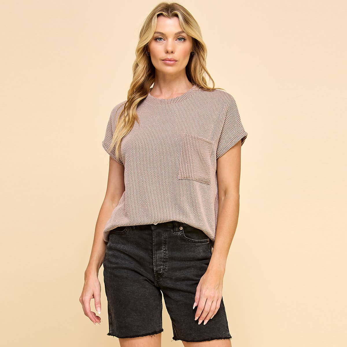 The Looks Of A Solid Ribbed Top with Pockets - Acorn