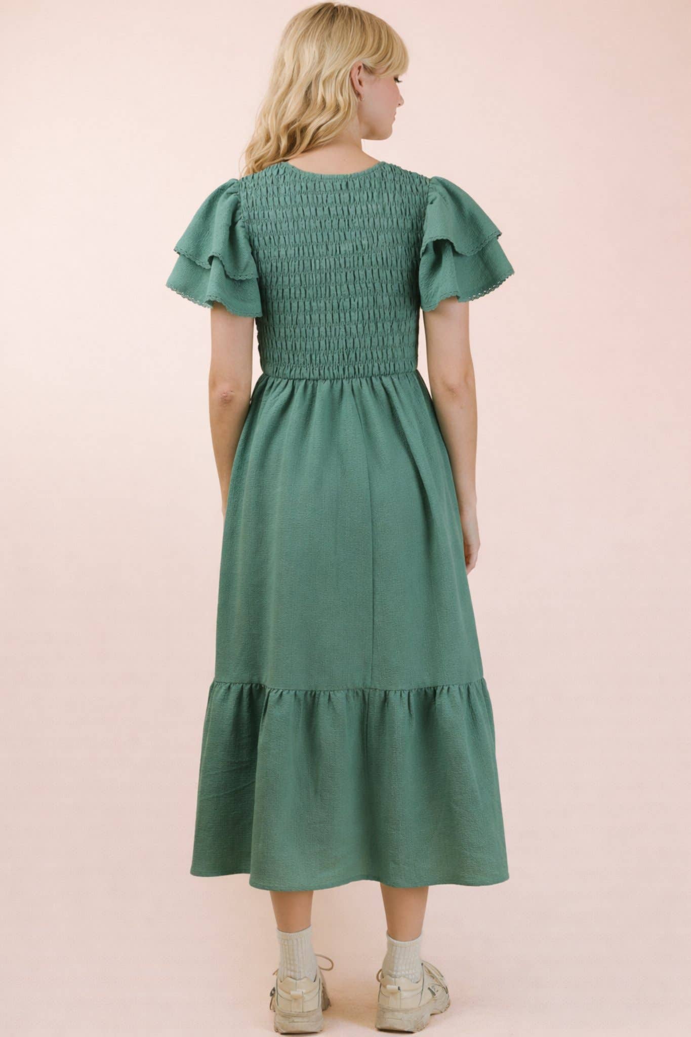 Sage Smocking Torso Ruffle Sleeve Midi Dress