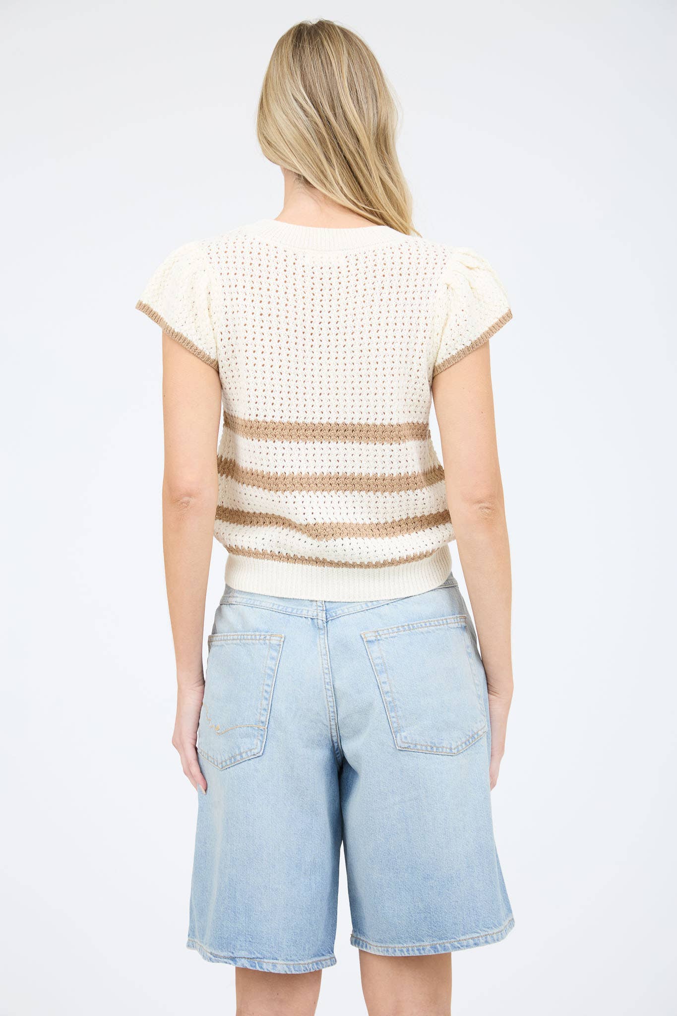 KAYLA - CROCHET STRIPE SHORT SLEEVE CROCHET KNIT TOP