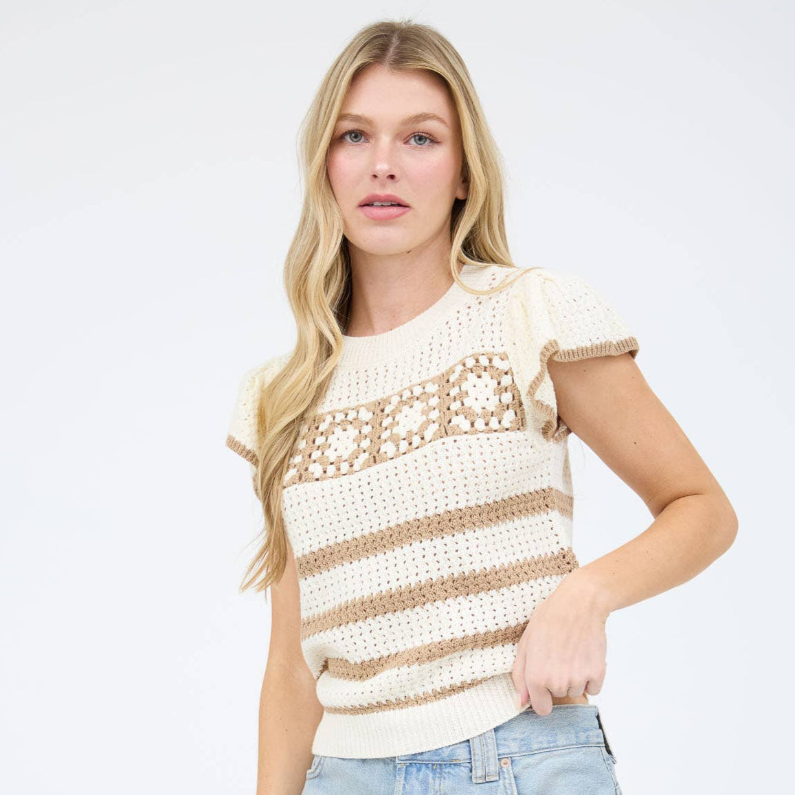 KAYLA - CROCHET STRIPE SHORT SLEEVE CROCHET KNIT TOP