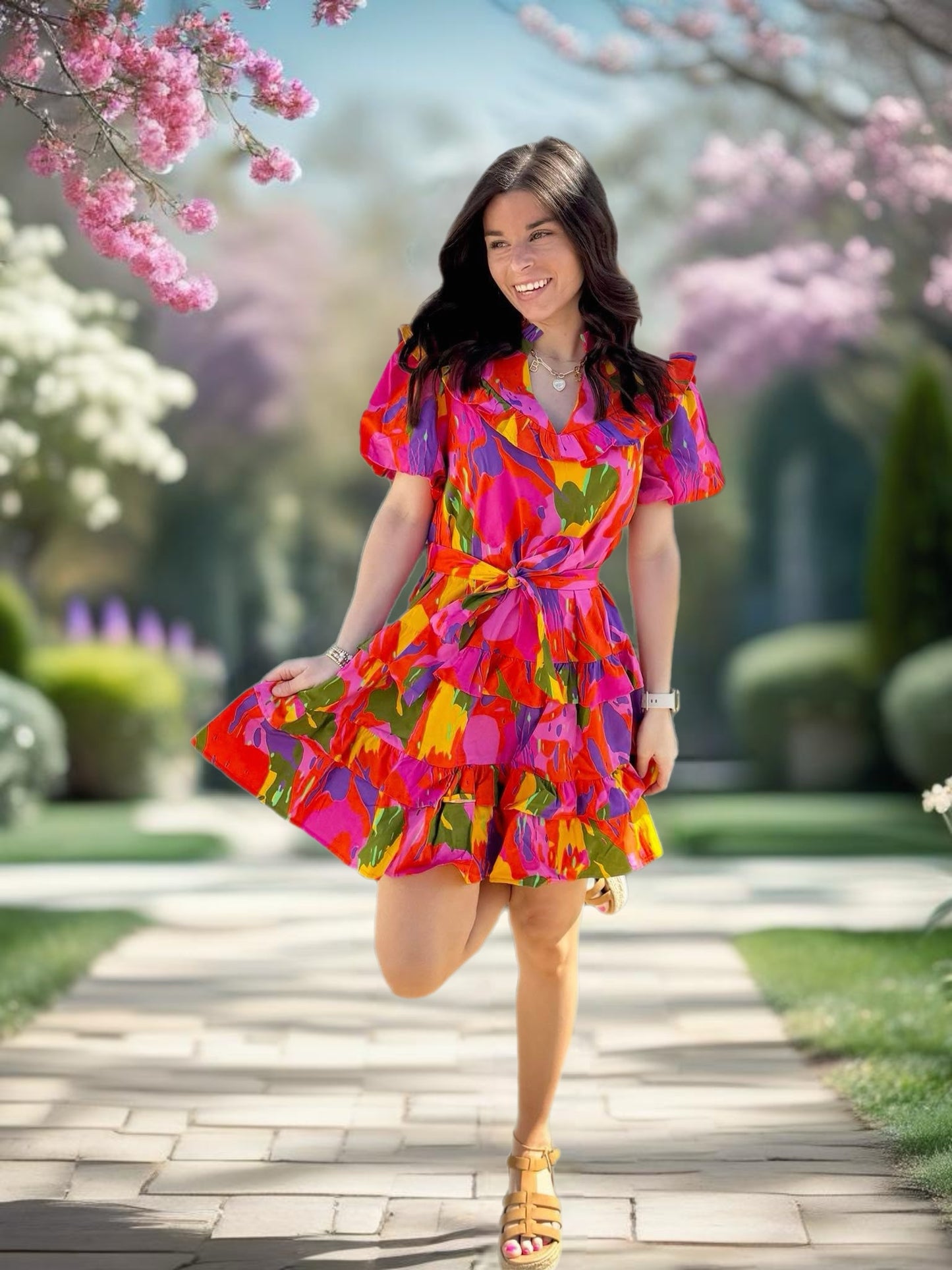 Kalee V Neck Multi Print Dress