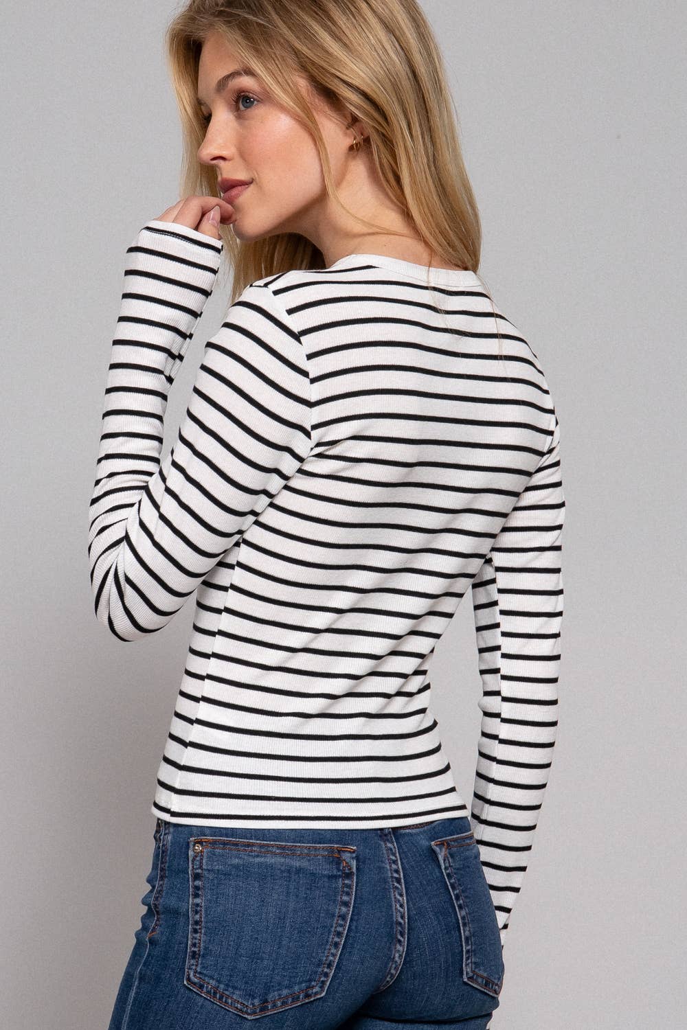 Take me Home Long Sleeve Crew Neck Stripe Knit Top - white/black