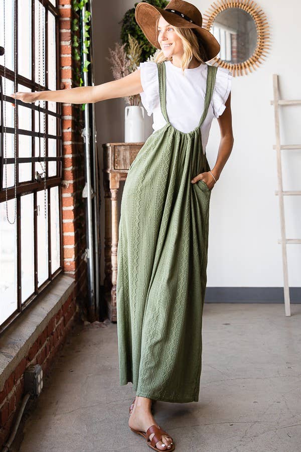 R5104B Wide Leg Solid Stretched Eyelet Lace Suspender Pants: S-M-L (2-2-2) / OLIVE