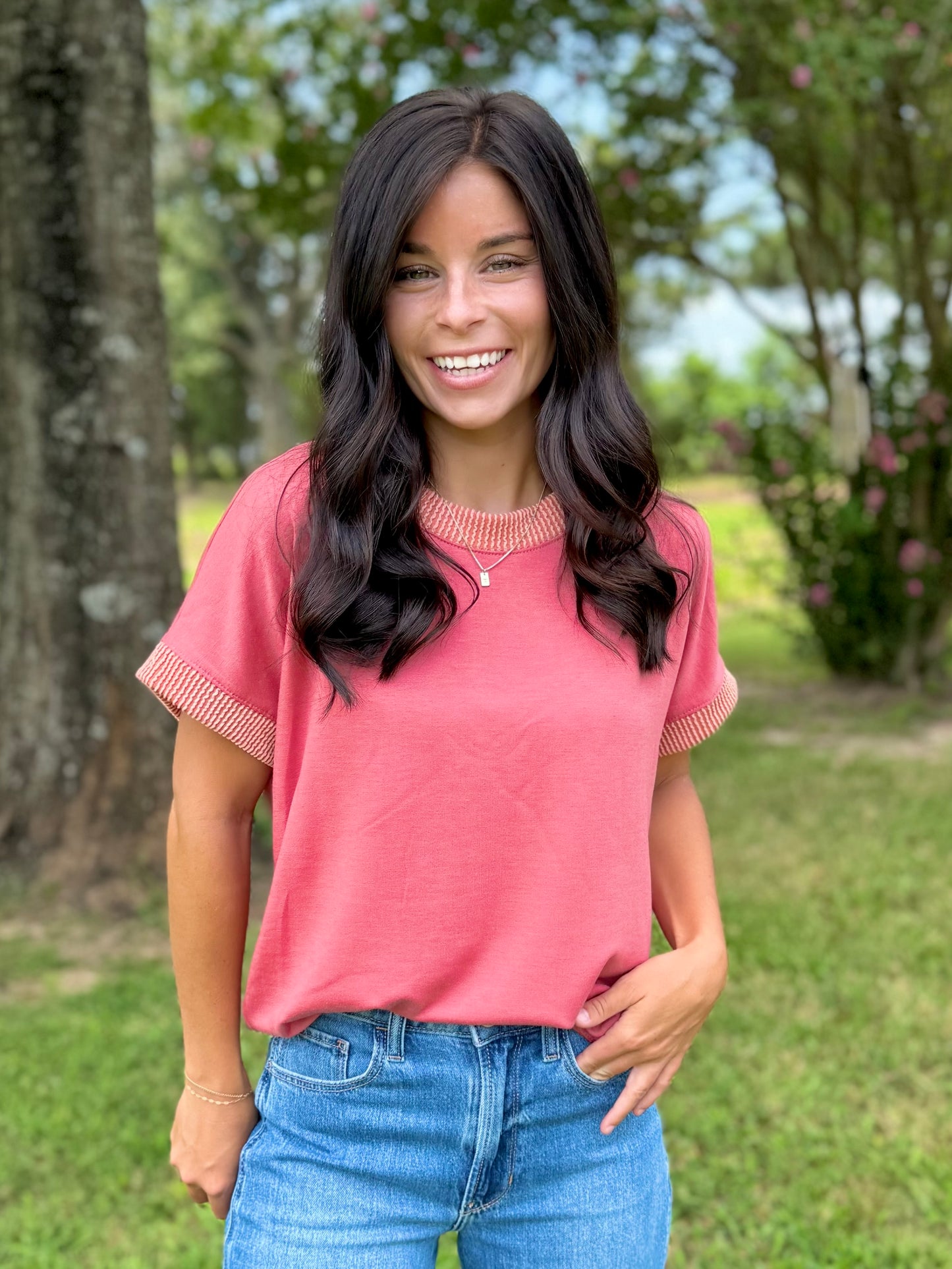My Comfy Solid Top with Solid Ribbed Neck and Sleeve Detail