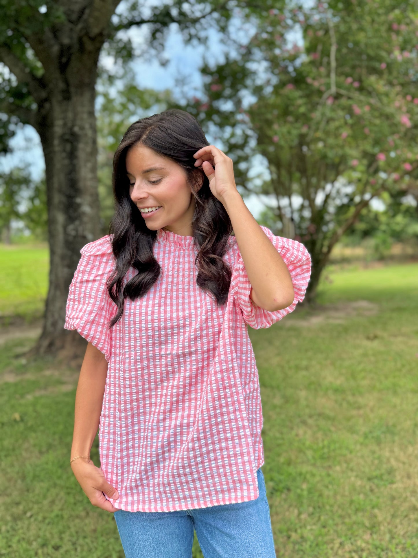 Chelsey Gingham Print Puff Short Sleeve Top- Peach
