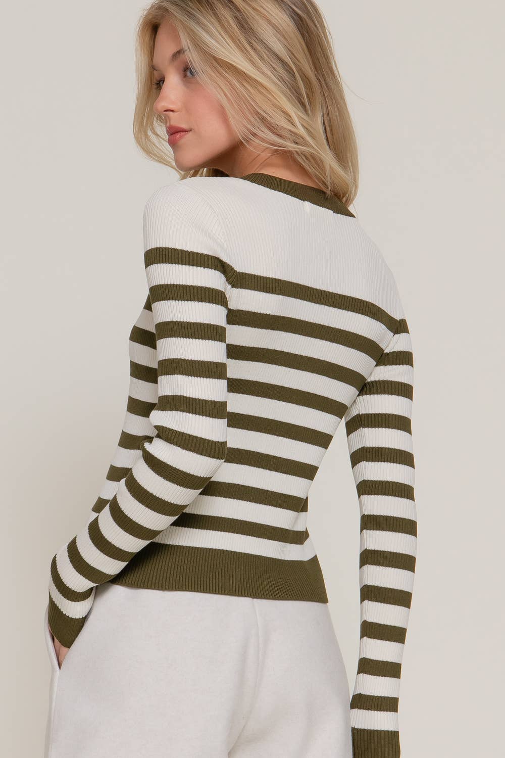 Town Square Walks Long Sleeve Crew Neck Stripe Sweater Cardigan - Olive