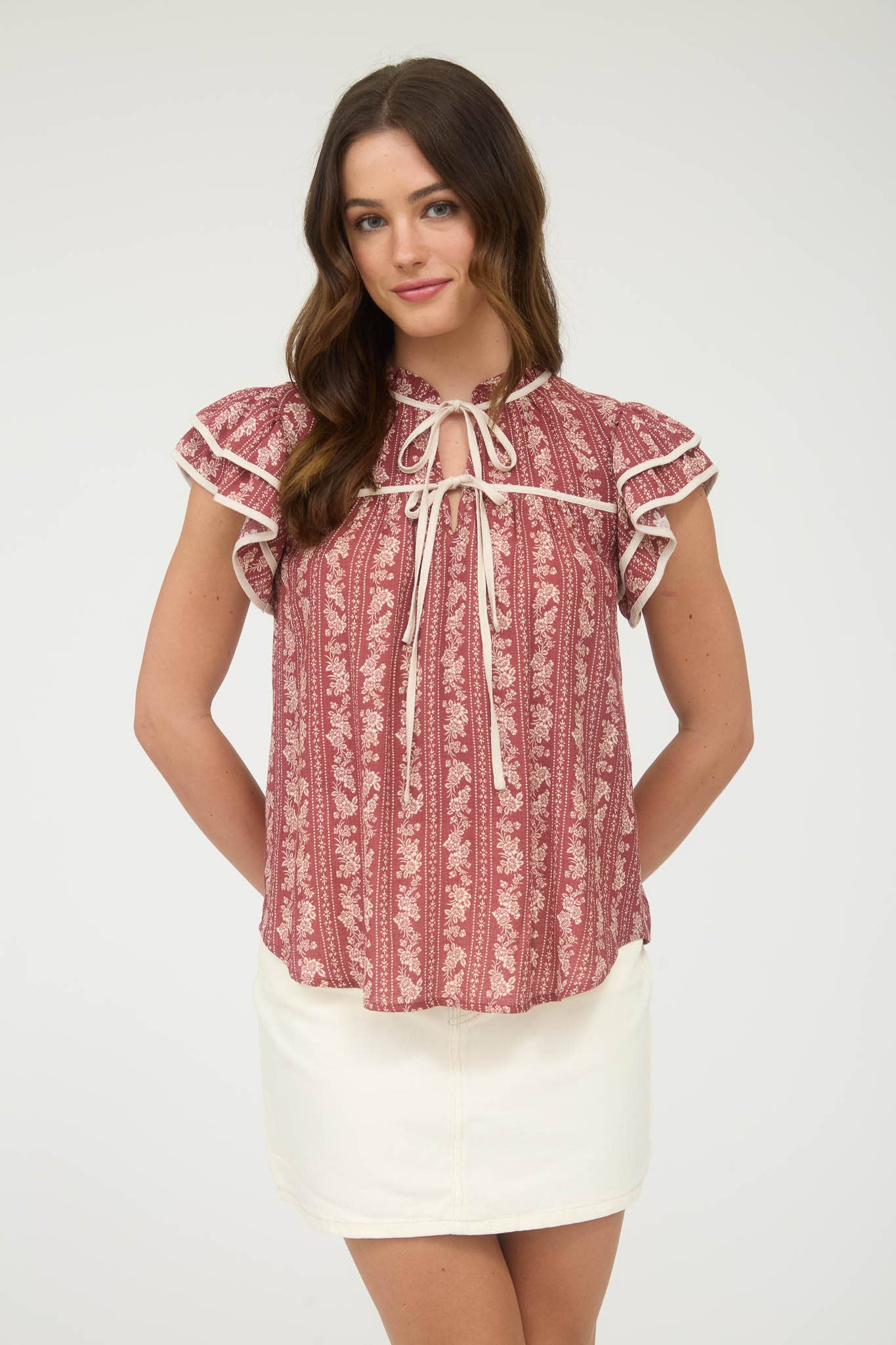 TAKE A WALK STRIPE FLORAL PATTERN TIE FRONT RUFFLE TOP - BURGUNDY