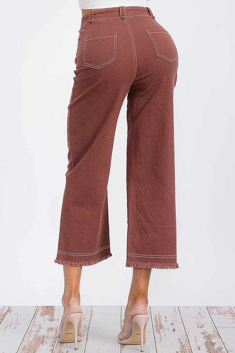 BUTTON CLOSURE POCKETS WIDE LEG DENIM PANTS - Rust
