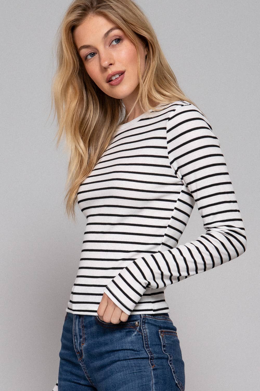 Take me Home Long Sleeve Crew Neck Stripe Knit Top - white/black