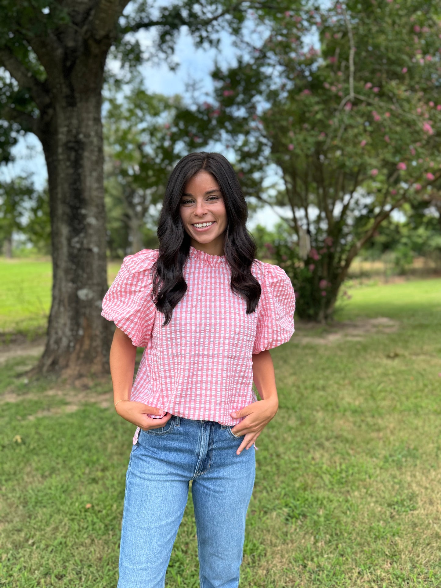 Chelsey Gingham Print Puff Short Sleeve Top- Peach