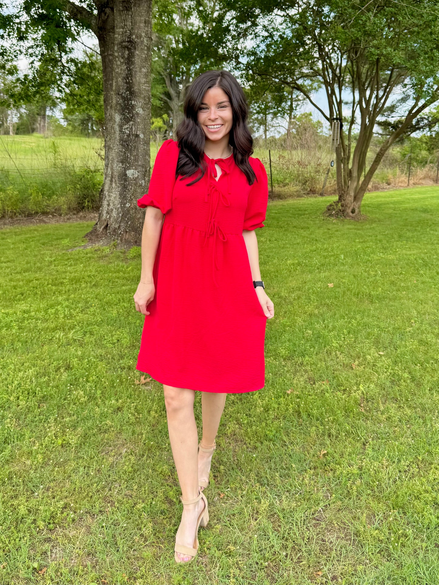 Feminine Front Tie Dress - Red