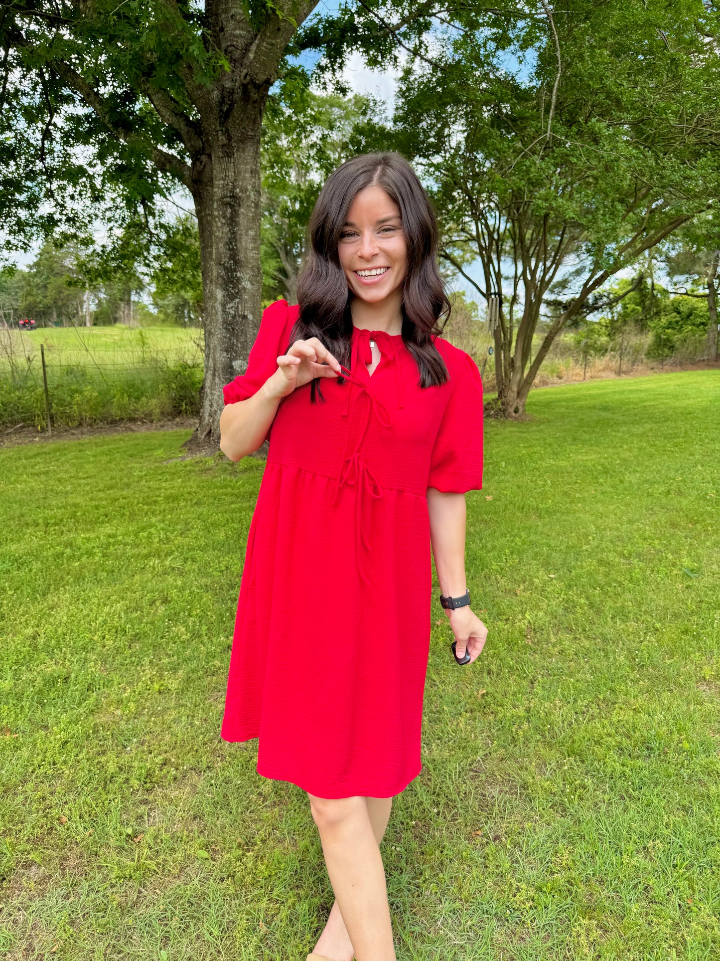 Feminine Front Tie Dress - Red
