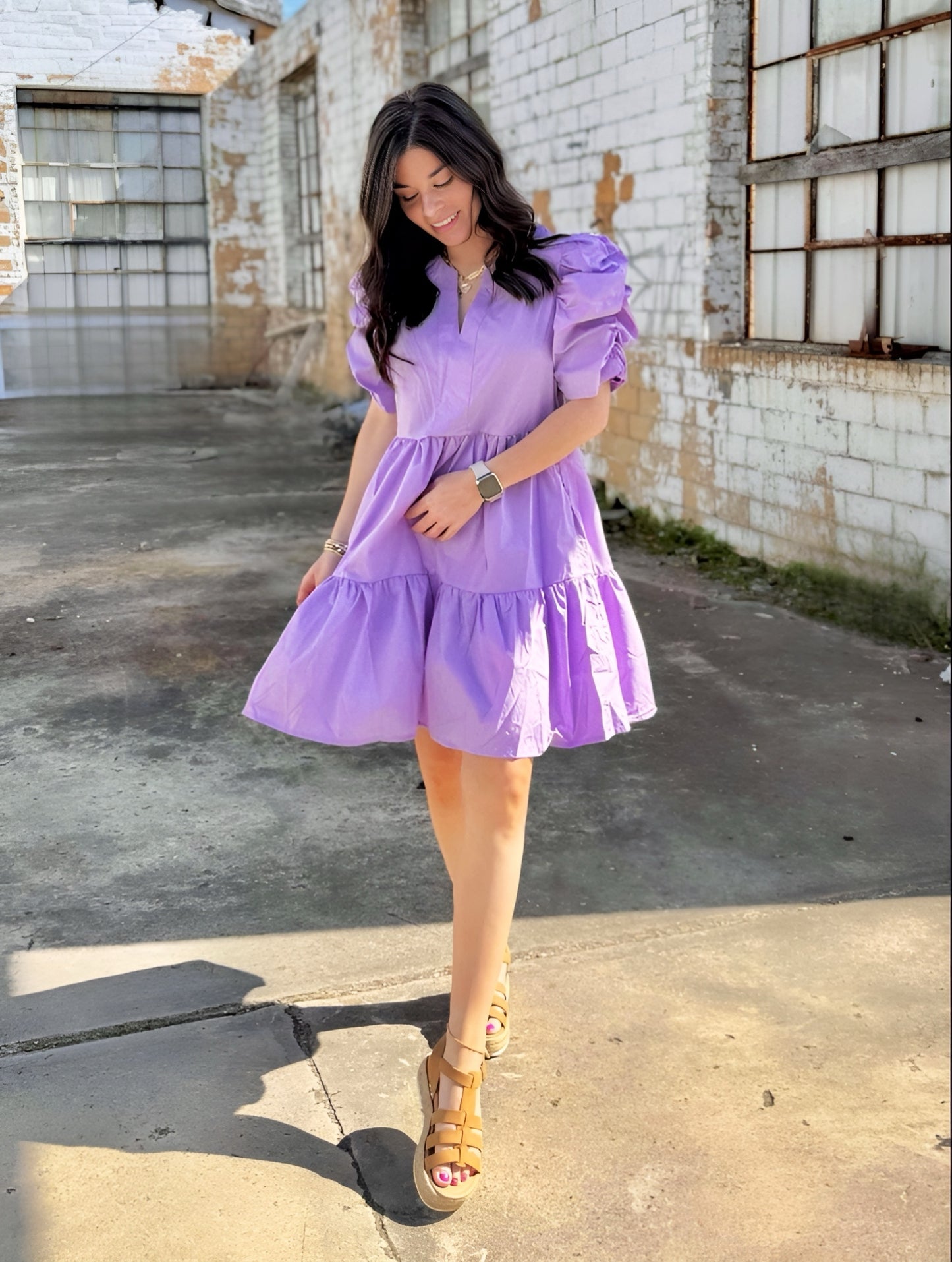 Della Tiered Dress With Puff Sleeves - Lavender