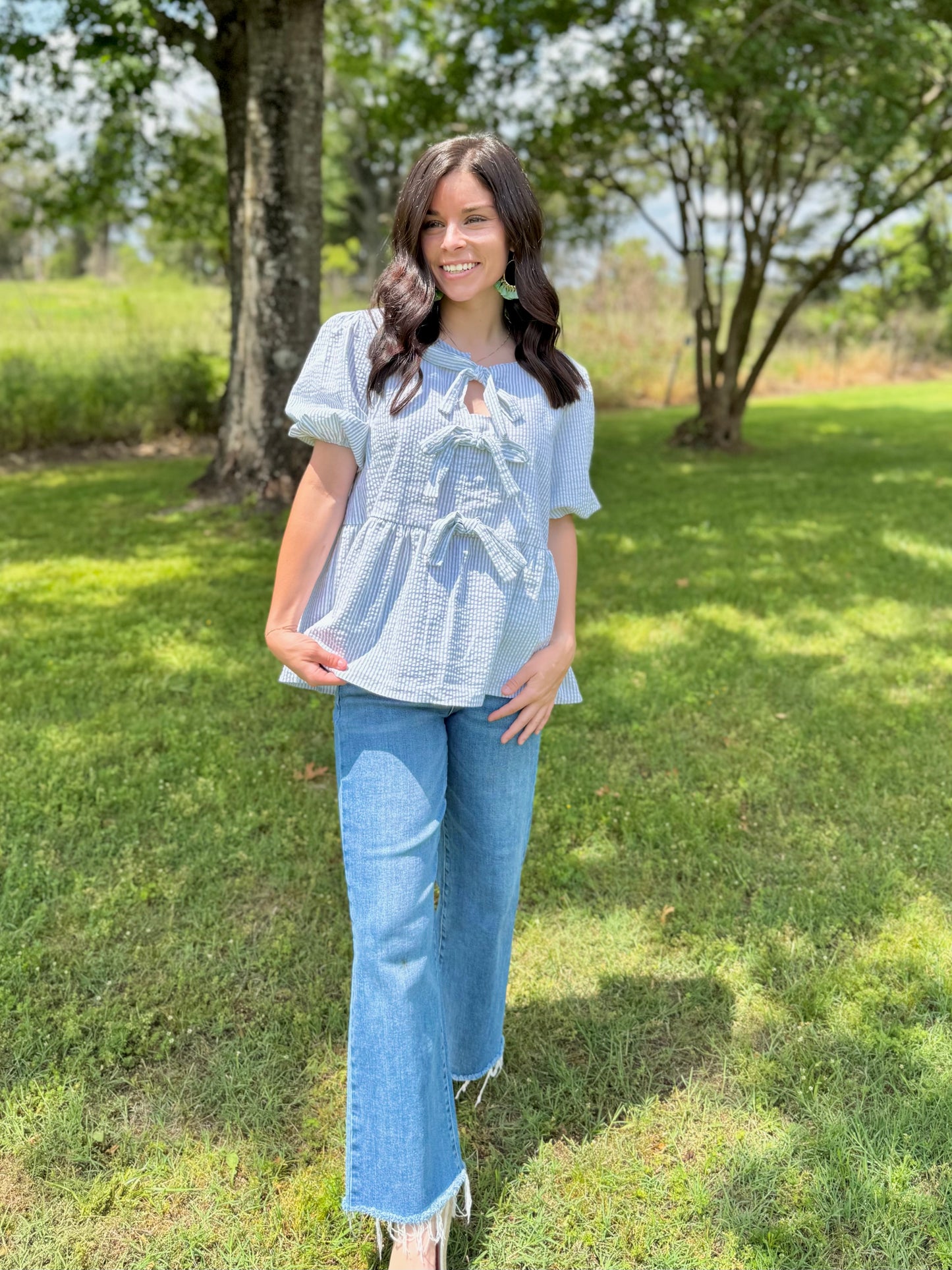 Phoebes pin stripe puff sleeves top with tie bow - Sage