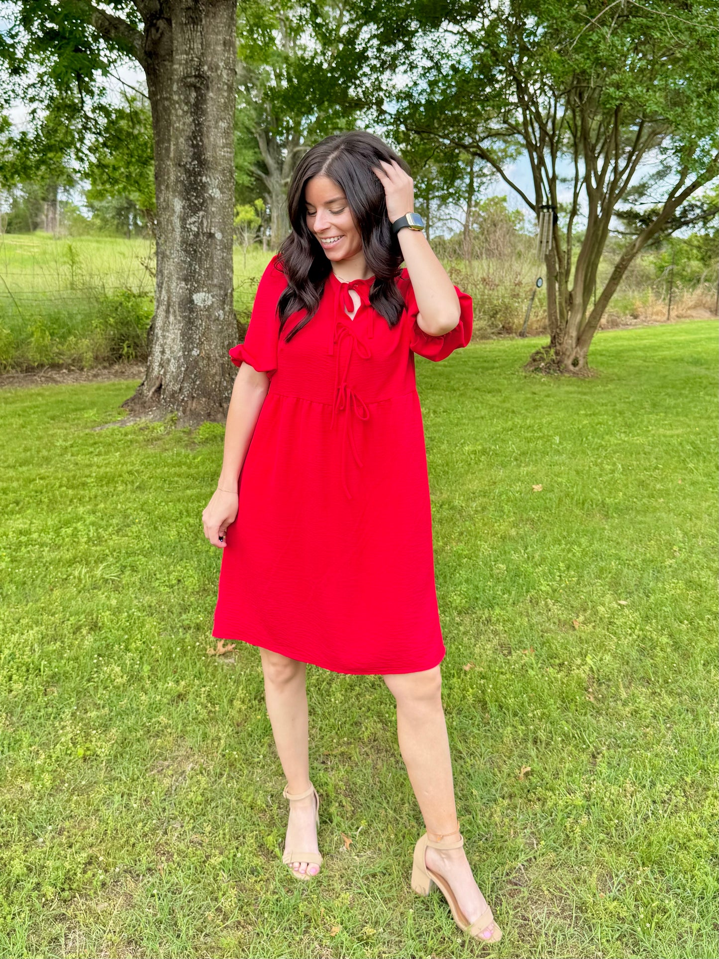 Feminine Front Tie Dress - Red