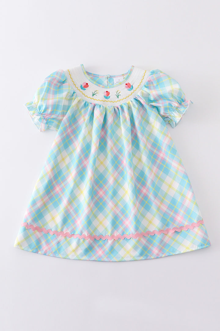Girls Pastel Plaid Smocked Dress