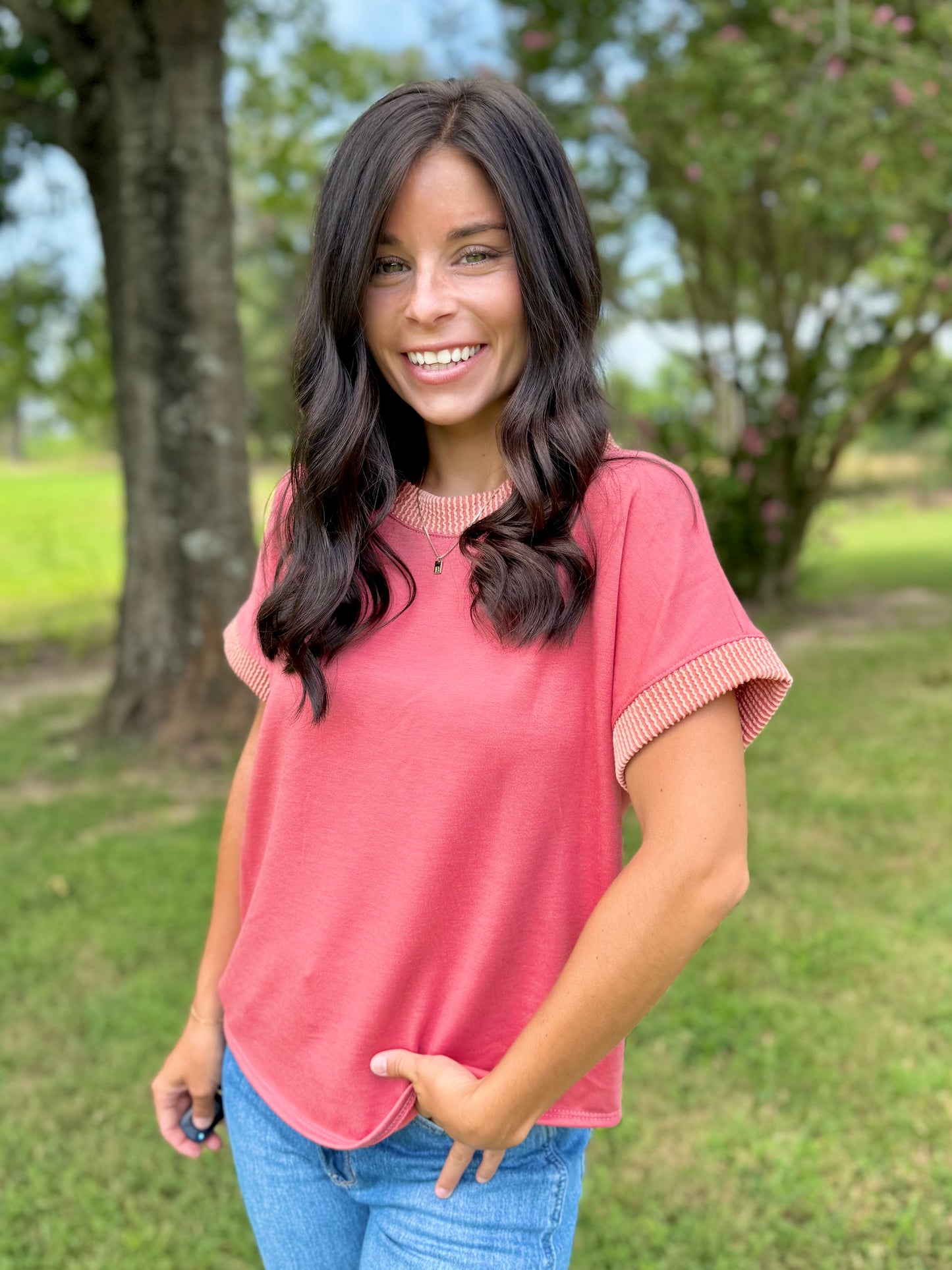 My Comfy Solid Top with Solid Ribbed Neck and Sleeve Detail
