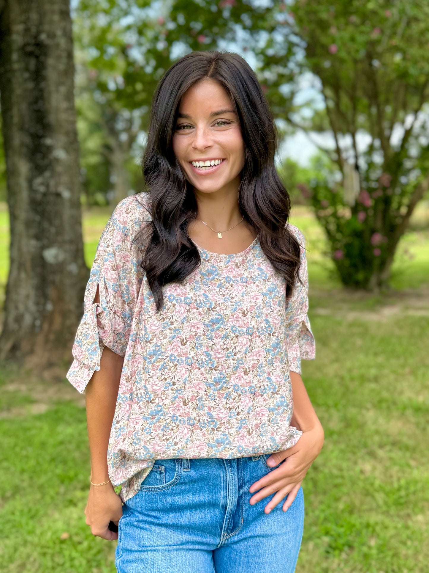 Katy Floral Print Top with Sleeve Tie Detail