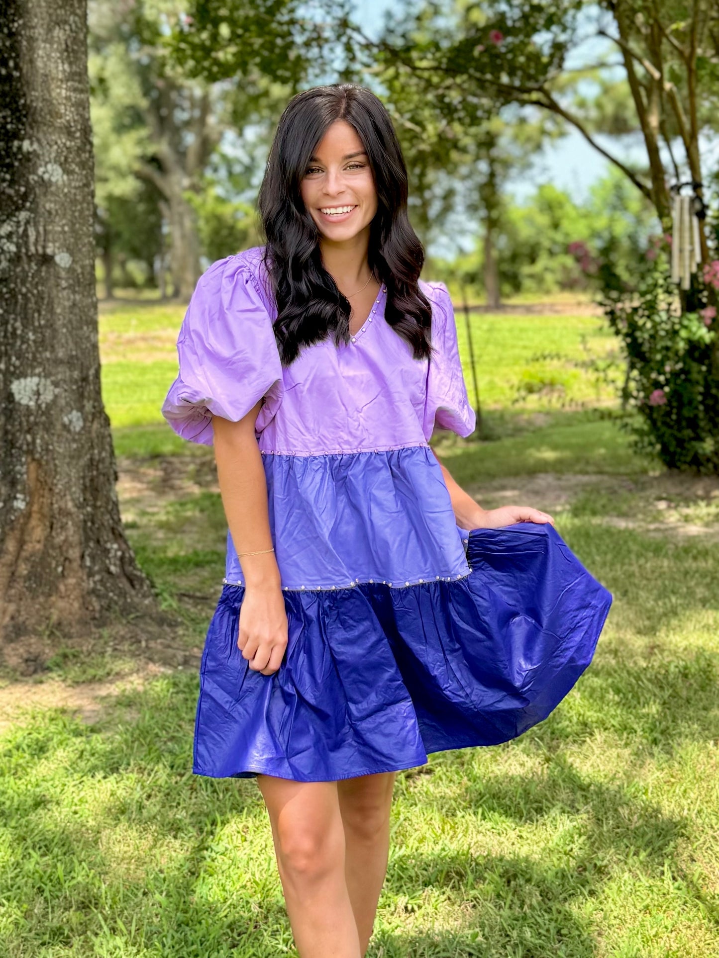 The color purple colorblock pleather dress with rhinestone detail
