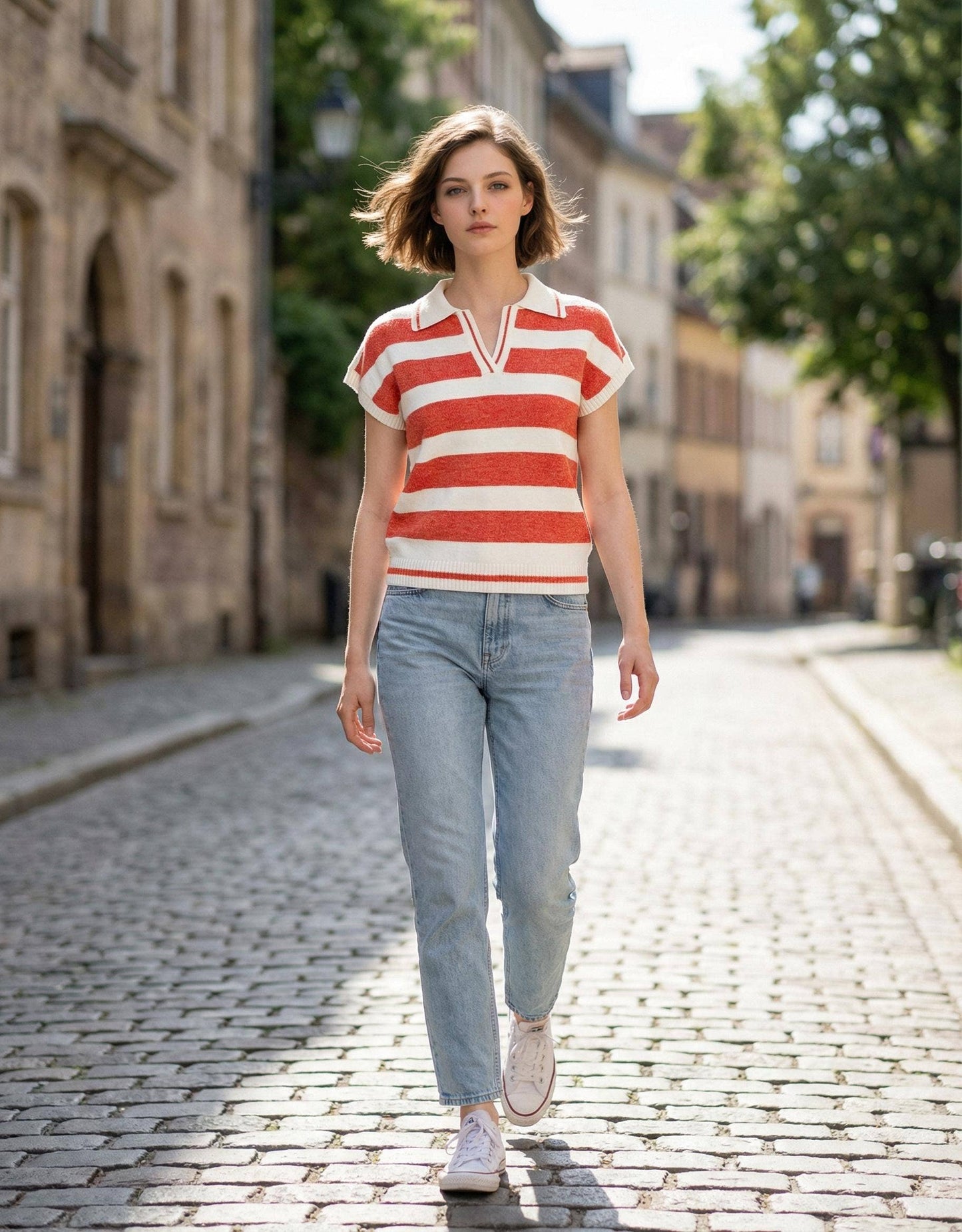 42POPS - `Striped Collared Short Sleeve Sweater Zenana