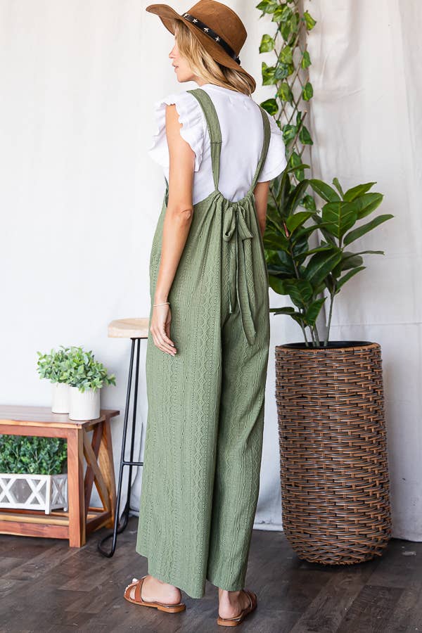 R5104B Wide Leg Solid Stretched Eyelet Lace Suspender Pants: S-M-L (2-2-2) / OLIVE