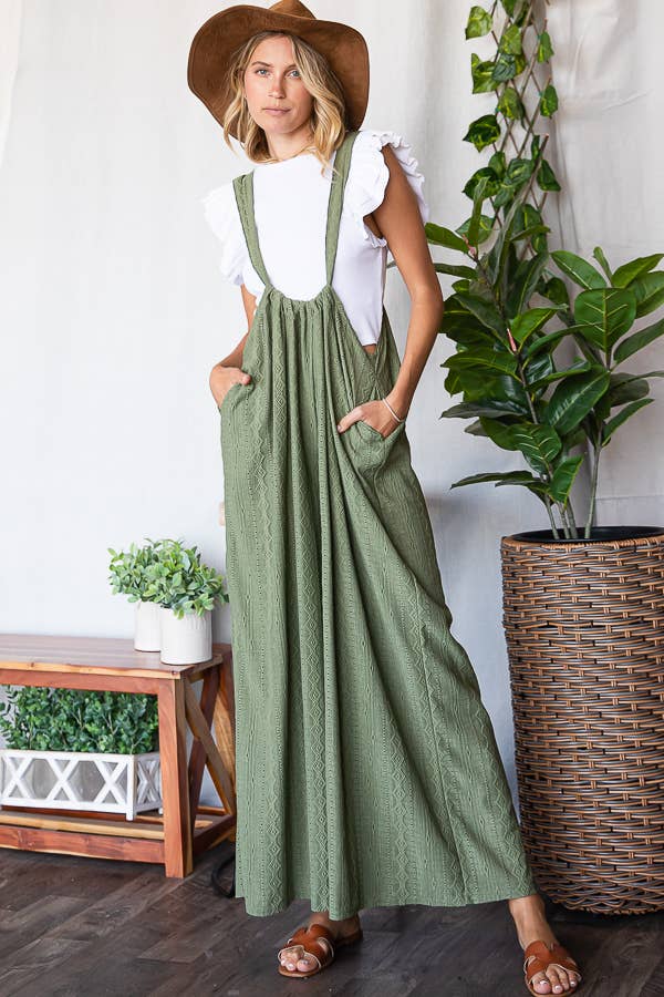 R5104B Wide Leg Solid Stretched Eyelet Lace Suspender Pants: S-M-L (2-2-2) / OLIVE