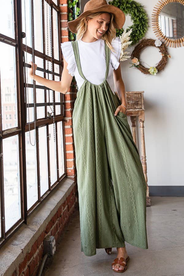 R5104B Wide Leg Solid Stretched Eyelet Lace Suspender Pants: S-M-L (2-2-2) / OLIVE