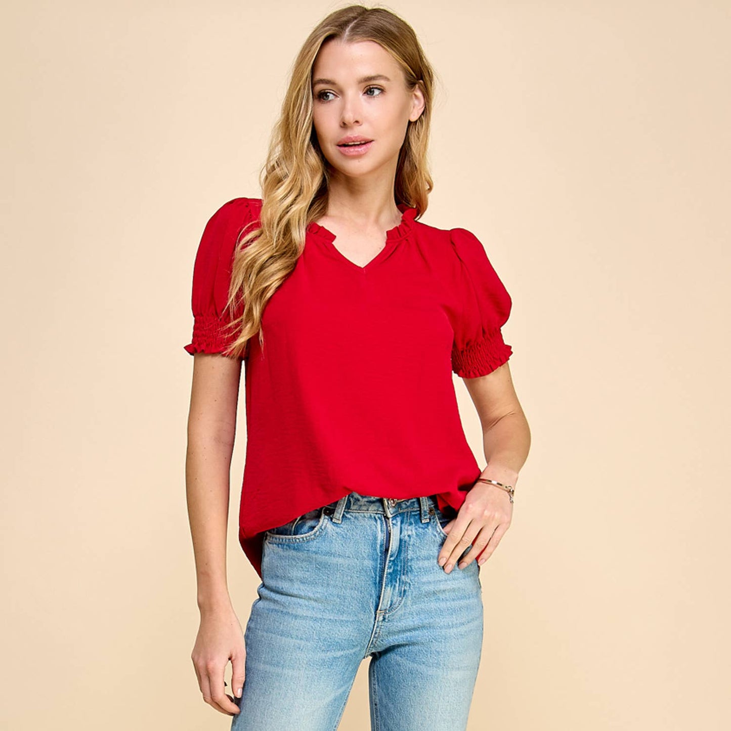 Walk this way Solid Top Ruffled V Neck with Smocked Sleeves - Red