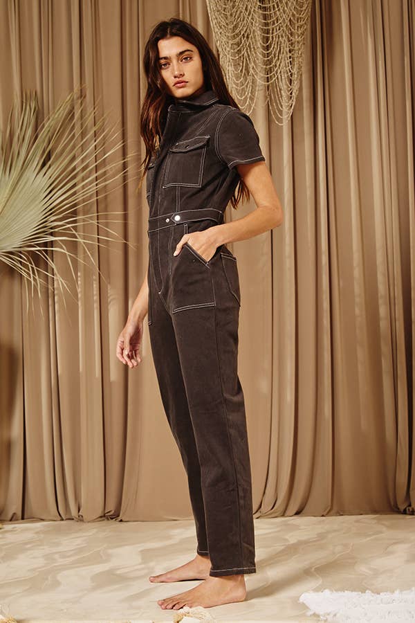 IR5229 Utility Stretched Denim Jumpsuit: S-M-L (2-2-2) / CHARCOAL