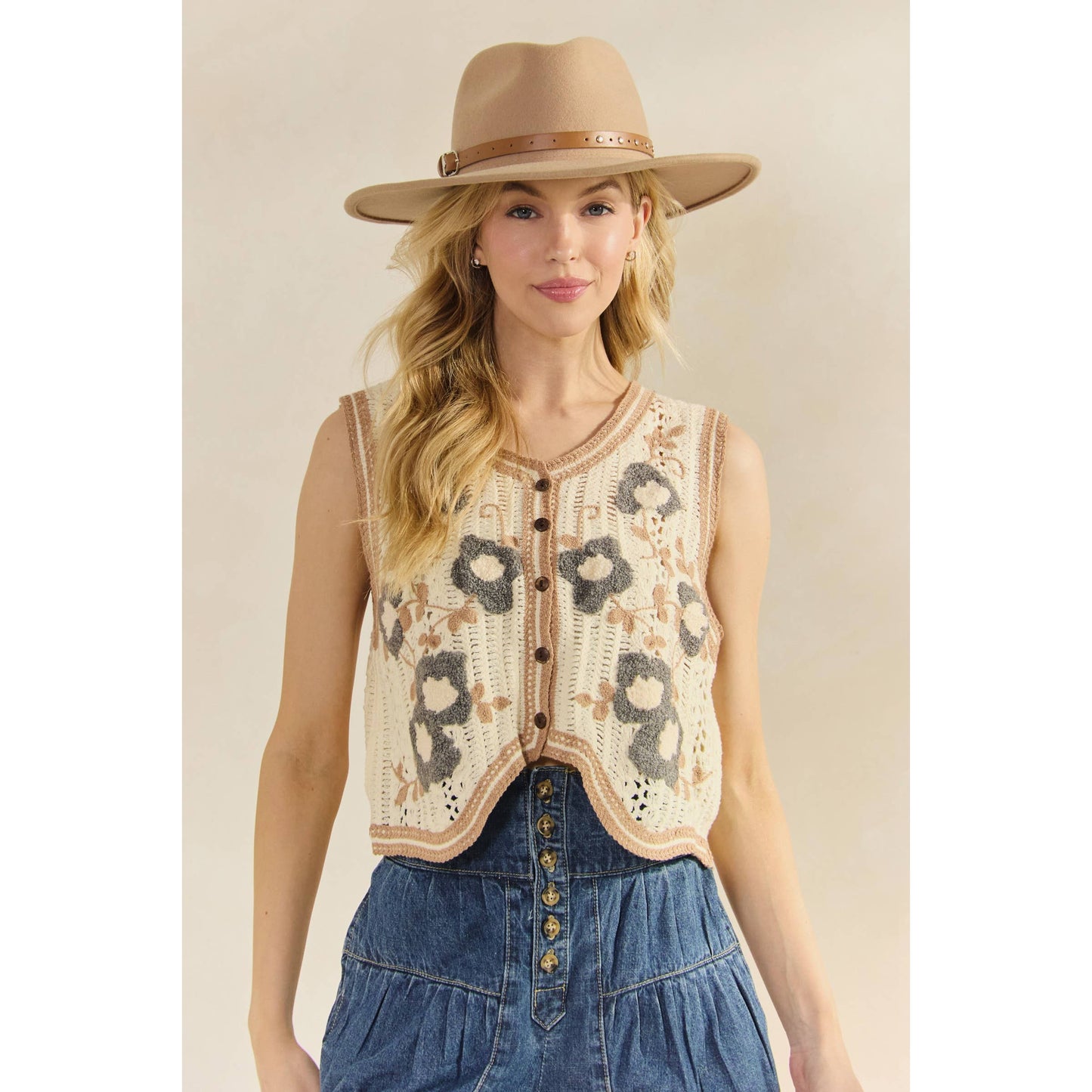 For The Love Of Crochet Floral Vest -Cream