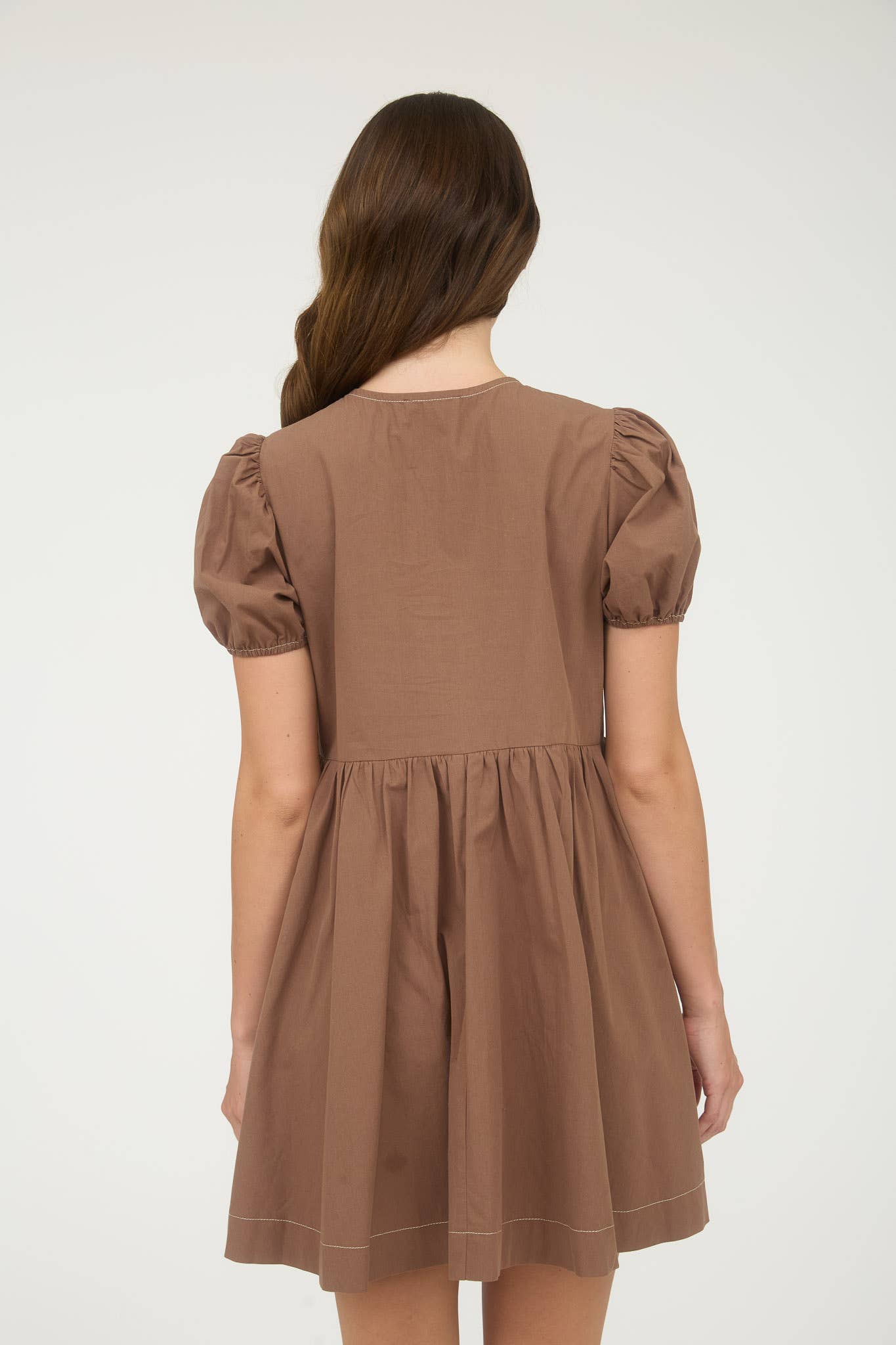 FIRST LOOK FRONT TIE SHORT PUFF SLEEVE BABYDOLL MINI DRESS - BROWN