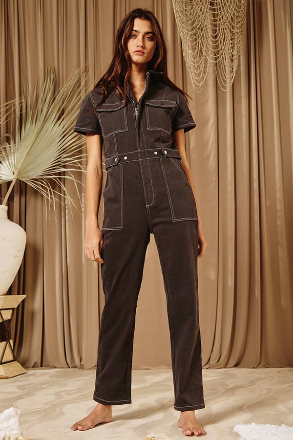IR5229 Utility Stretched Denim Jumpsuit: S-M-L (2-2-2) / CHARCOAL