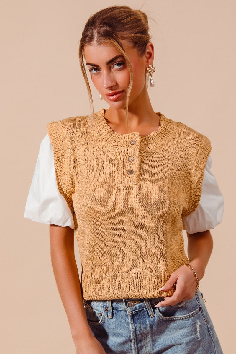 DEMS HALF BUTTON UP KNIT SWEATER TOP WITH WOVEN BUBBLE SLEEVES
