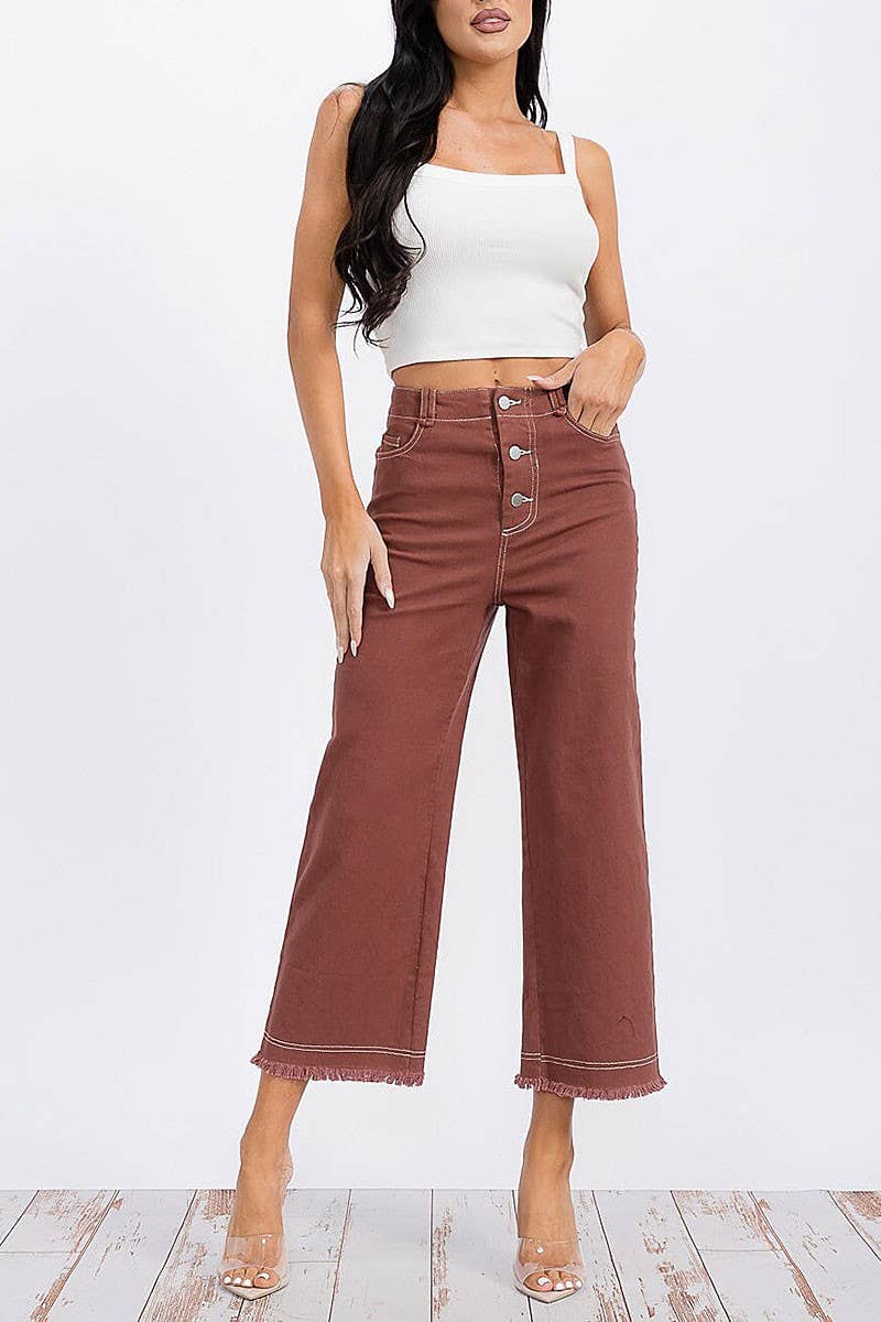 BUTTON CLOSURE POCKETS WIDE LEG DENIM PANTS - Rust