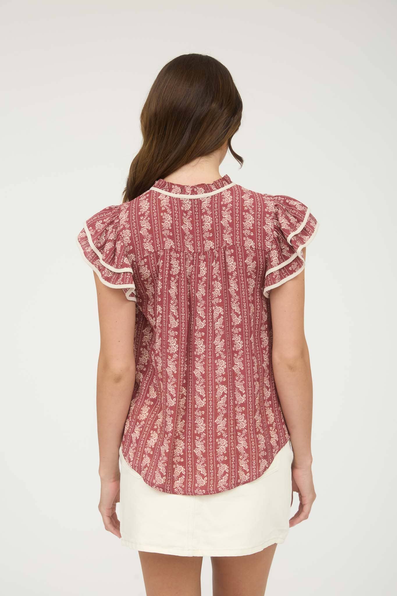 TAKE A WALK STRIPE FLORAL PATTERN TIE FRONT RUFFLE TOP - BURGUNDY