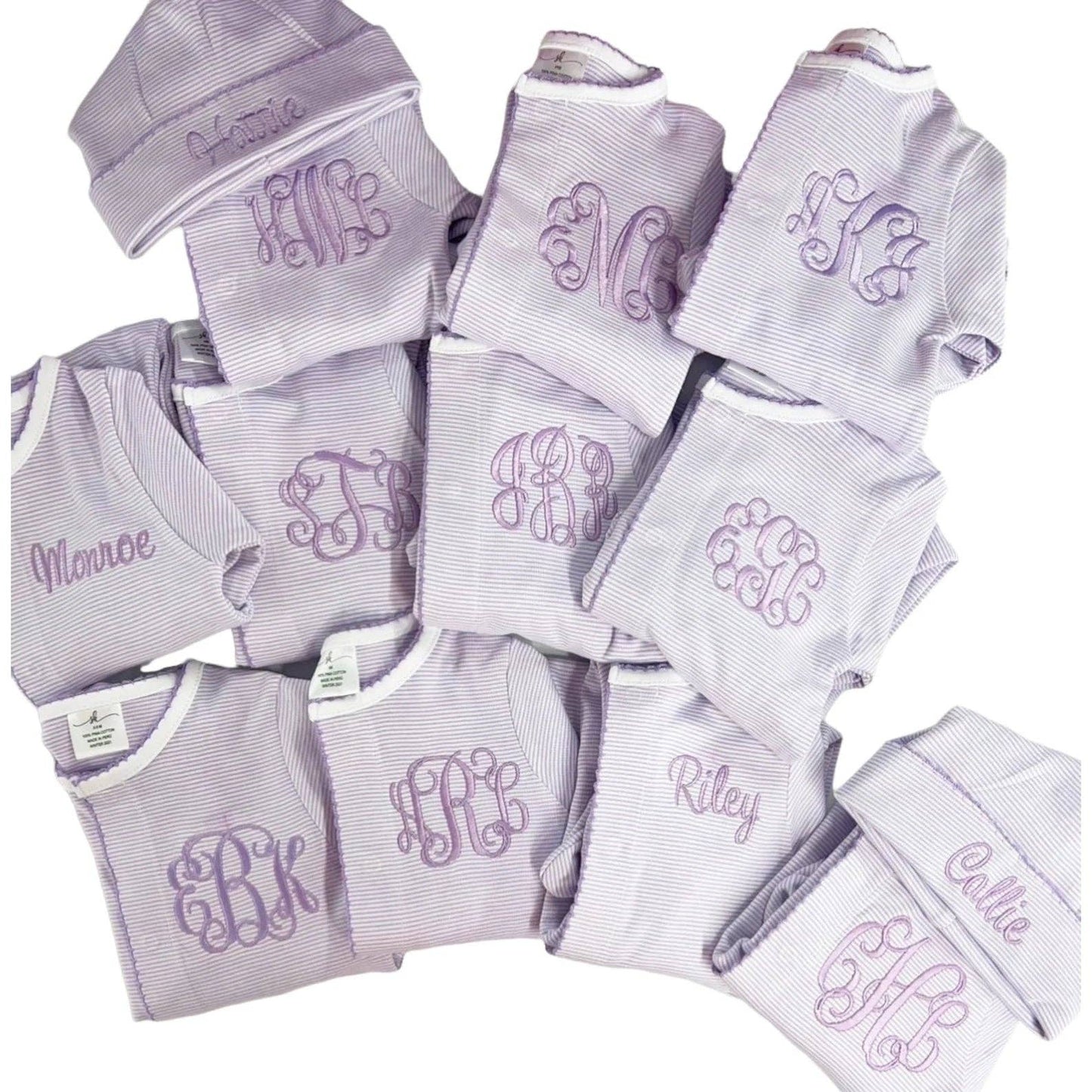 Lavender and White Stripe Footie with Lavender Trim